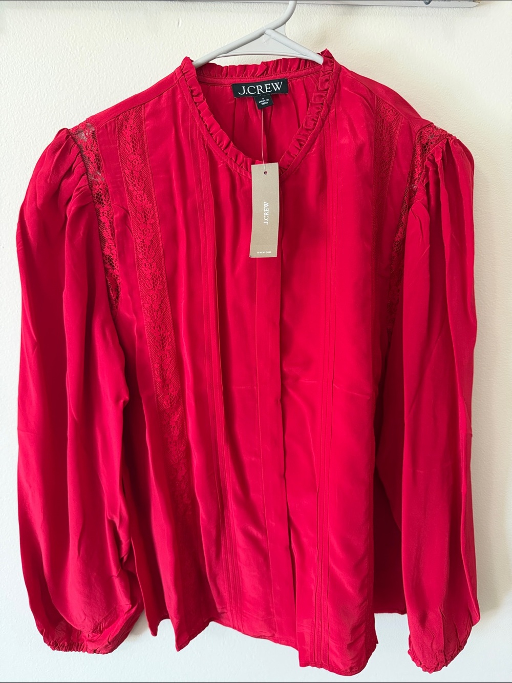 J. Crew Bright Red Lace-Trim Poet Sleeve Blouse